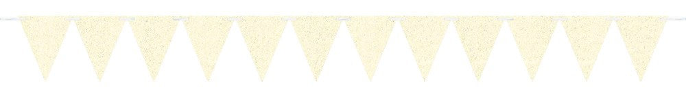 Large white paper pennant banner with glittery sparkle finish and triangular flags.