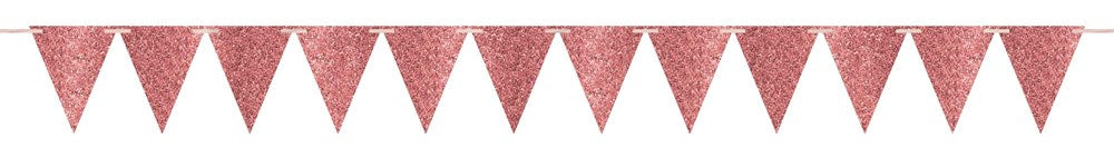 Large rose gold paper pennant banner with sparkling glitter finish and triangular flags.