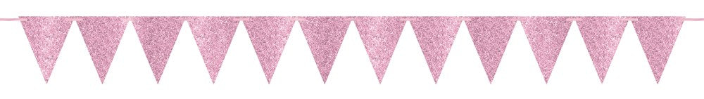 Large light pink triangular paper pennant banner with glitter sparkle finish on a string.