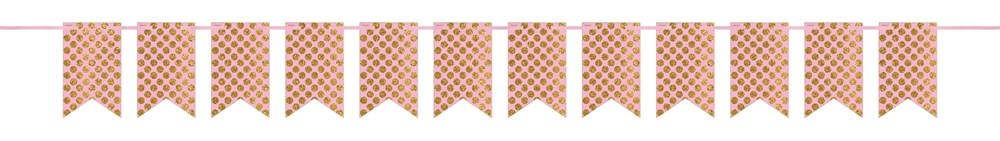 Pink triangular pennant banner with gold polka dots, fabric material, festive decoration.