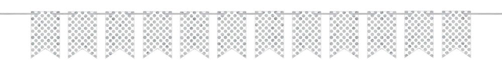 White pennant banner with silver polka dots, rectangular flags, and a stitched edge design.