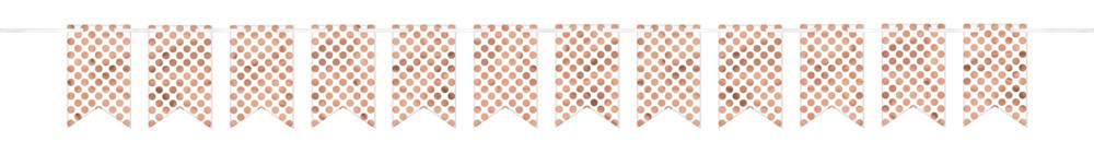 White rose gold pennant banner with a repeated geometric dot pattern on rectangular flags.