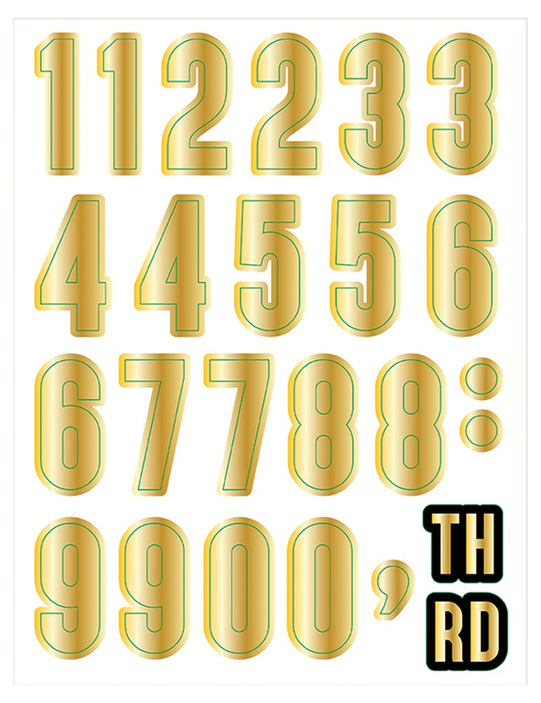 Gold metallic numbers and ordinal suffixes in a bold, block font arranged in rows on a white background.