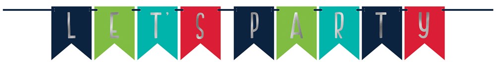 Colorful pennant banner spelling "Let's Party" with blue, red, orange, green, and navy flags on a string.