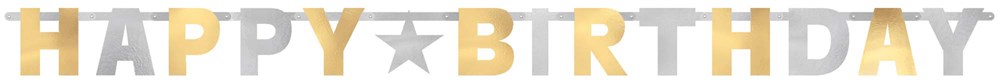 Silver and gold jointed letter banner spelling "HAPPY BIRTHDAY" with star-shaped connectors.