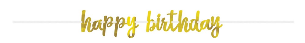 Gold foil "happy birthday" script banner with a cursive font style.
