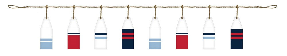 Nautical banner buoy string with alternating blue, white, and red striped buoys hanging on rope.