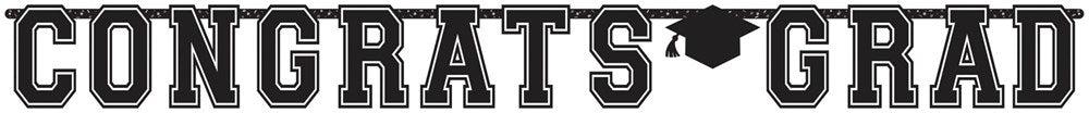 Black and silver large letter banner spelling "CONGRATS GRAD" with a graduation cap icon, 12.5 inches tall and 10 feet long.