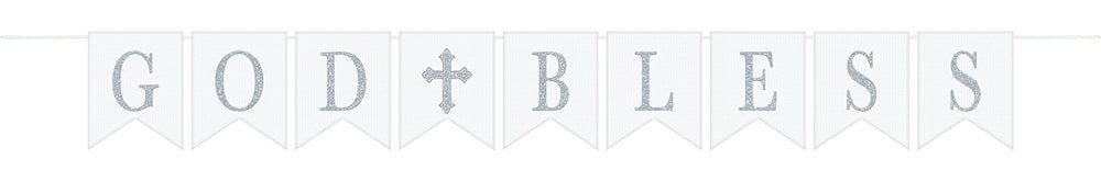 White canvas pennant banner with gray letters spelling "GOD BLESS" and a gray cross between words.