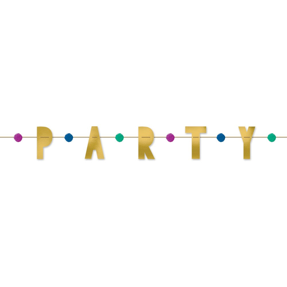 Gold foil letters spelling "PARTY" strung on a thin string with colorful round pom poms in pink, blue, teal, and purple.
