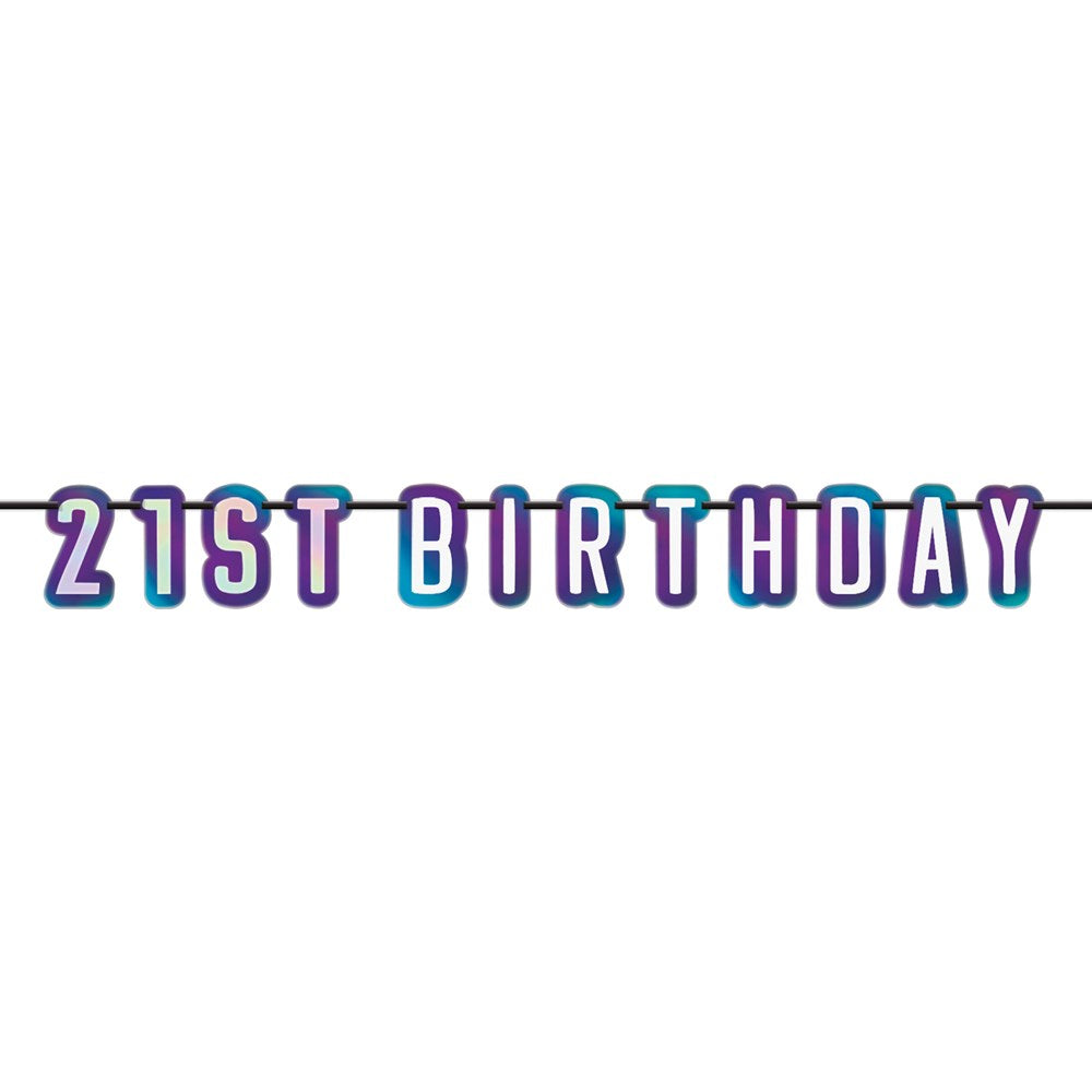 Purple and teal foil letter banner spelling "21st Birthday" with bold outlined letters.