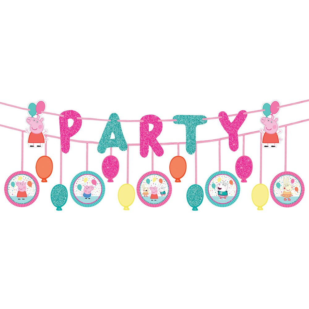 Pink and teal glitter letters spelling PARTY with hanging balloons and Peppa Pig character circles on pink string.