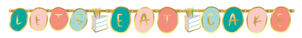 Colorful round paper cutout banner letters spelling "LET'S EAT CAKE" in pastel shades, strung with wooden clothespins on a.