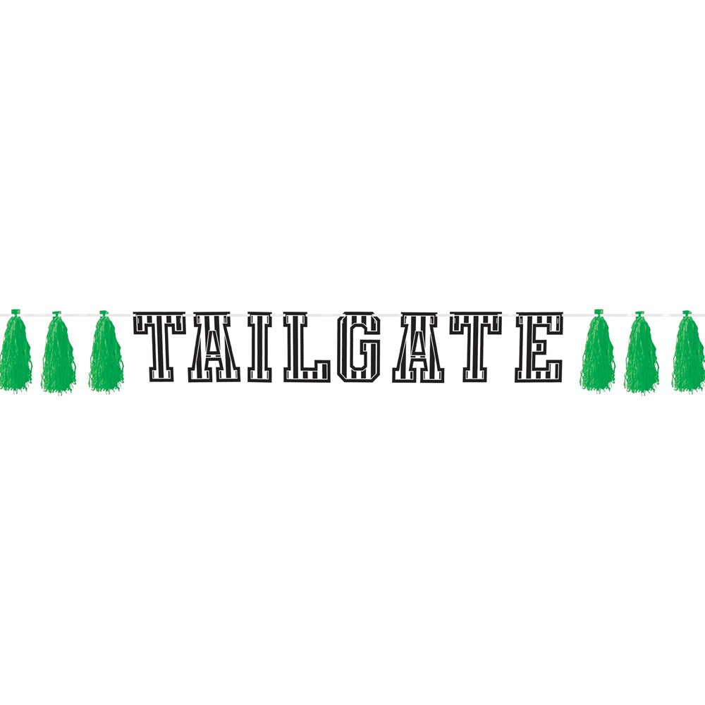 Black and white varsity-style letters spelling "TAILGATE" with green tassel fringe on each end.