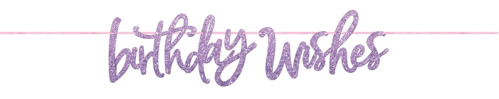 Lavender glittery cursive "birthday wishes" double banner with connected letters and a delicate, flowing script style.