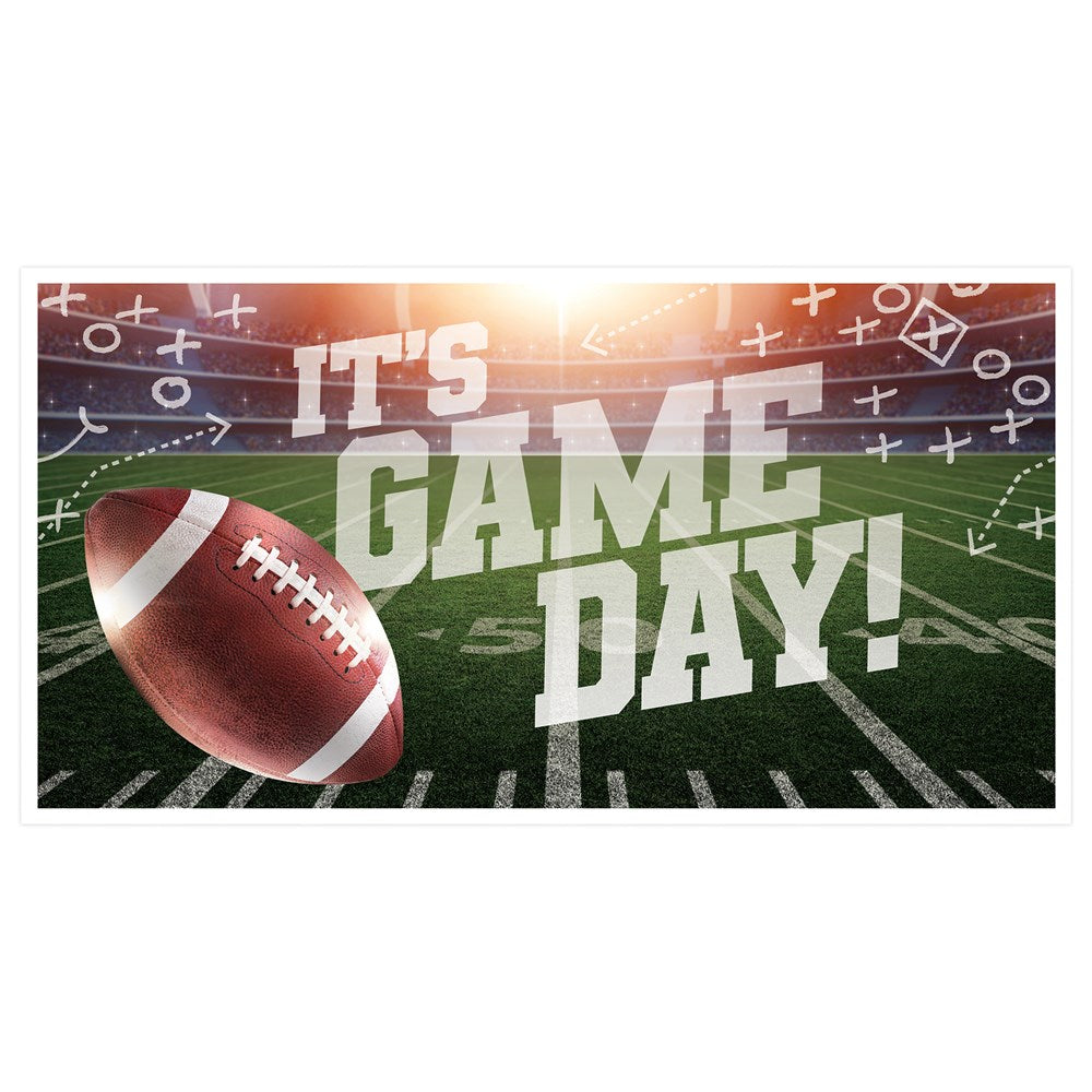 Large horizontal banner with a brown football and the phrase "It's Game Day!" in bold white text over a green football field