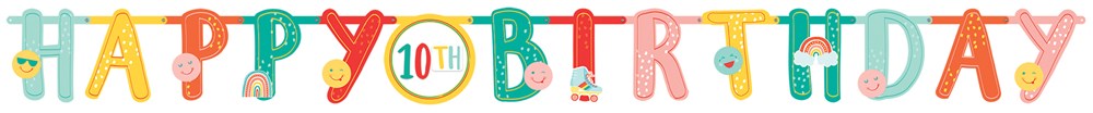 Colorful jumbo letter banner spelling "HAPPY BIRTHDAY" with playful fonts in orange, yellow, blue, and green, including a.