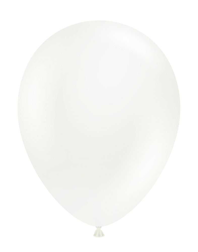 White 11-inch round latex balloon with tied knot at the bottom.