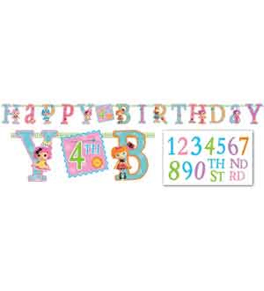 Colorful Lalaloopsy-themed jumbo birthday banner with letters, numbers, and cartoon doll characters.