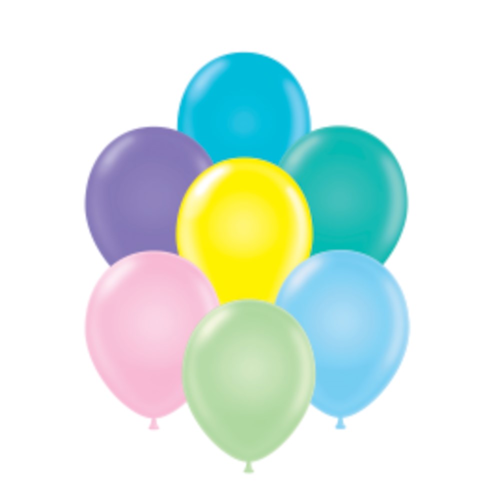 Assorted pastel latex balloons in blue, purple, yellow, teal, pink, green, and light blue, 11-inch round shape.