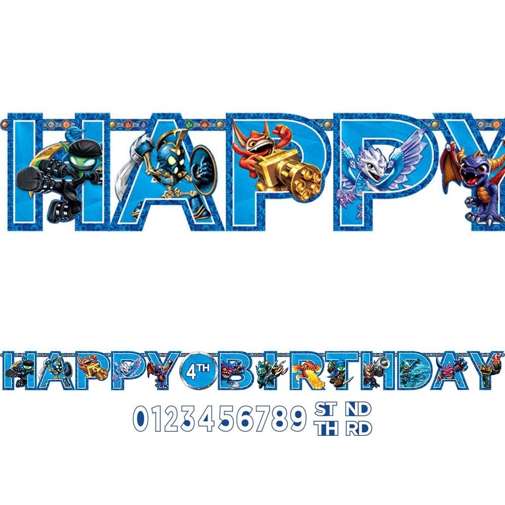 Blue "Happy Birthday" letter banner with cartoon characters from Skylanders, includes numbers and ordinal date markers.