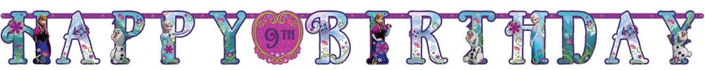 Frozen-themed jumbo "Happy Birthday" banner with icy blue and purple letters and Olaf character.