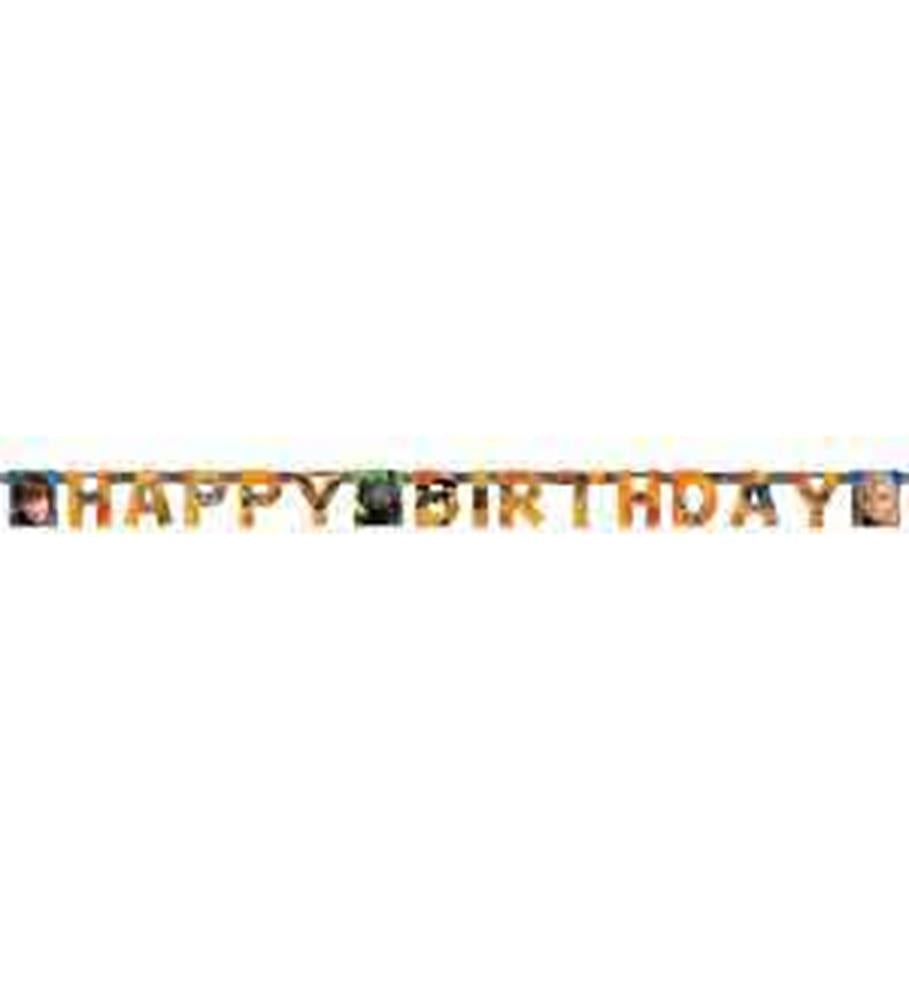 Colorful "Happy Birthday" banner featuring characters from How To Train Your Dragon 2 with orange and brown tones.