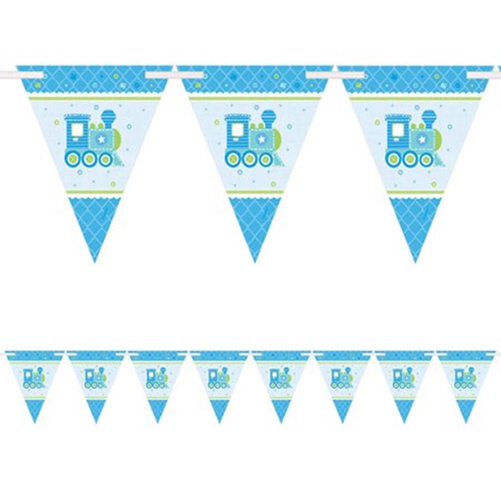 Blue triangular pennant banner with train illustrations and "Welcome Little One" text for baby showers.