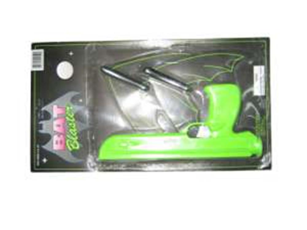 Bright green plastic toy bat launcher in clear plastic packaging with black and green backing.