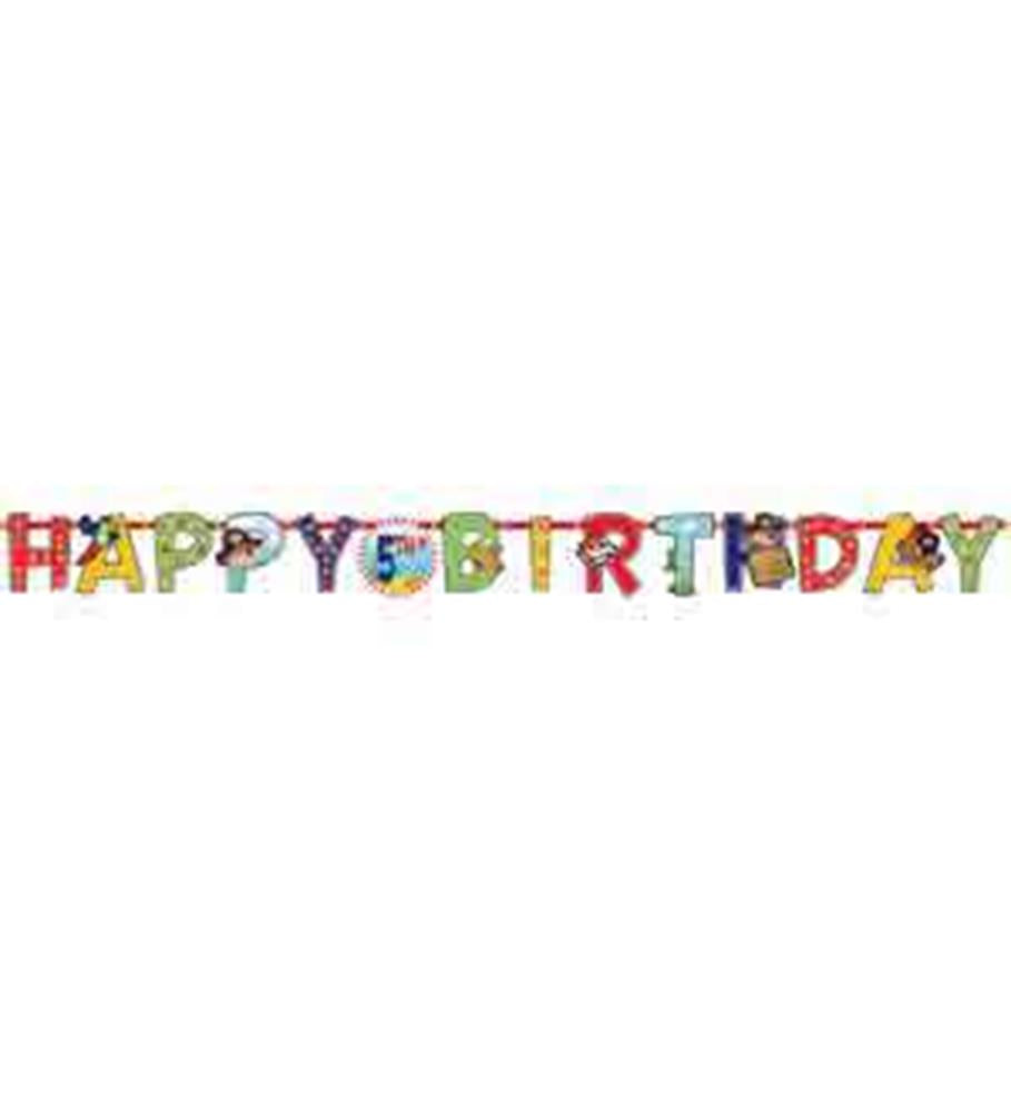 Colorful pirate-themed birthday banner with letters featuring pirate hats, skulls, and nautical elements.