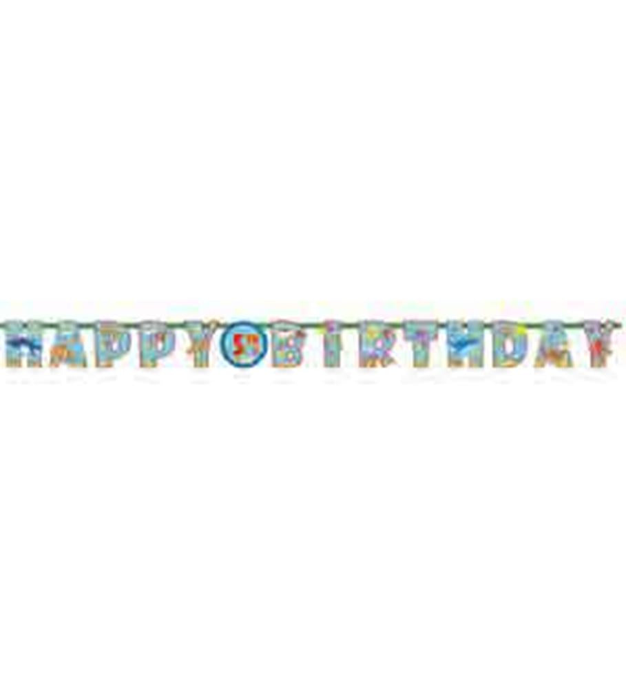 Colorful “Happy Birthday” banner with ocean animal designs and an add-an-age number circle on blue background.