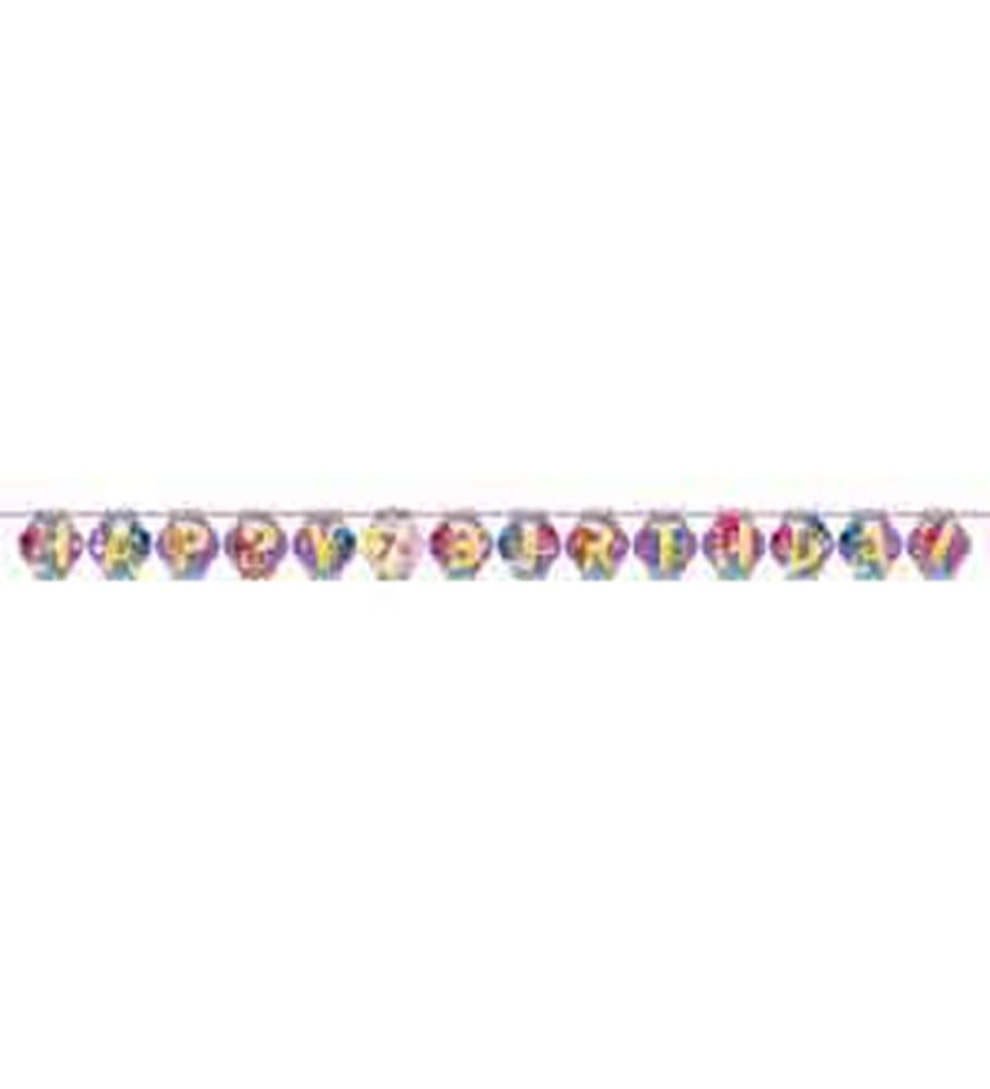 Colorful Shimmer and Shine letter banner with pink, purple, and yellow tones on ribbon.