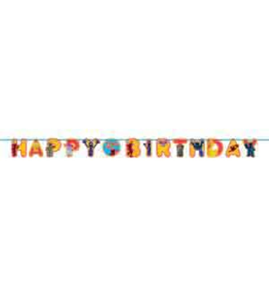 Colorful Sesame Street-themed "Happy Birthday" letter banner with attached ribbons on navy string.