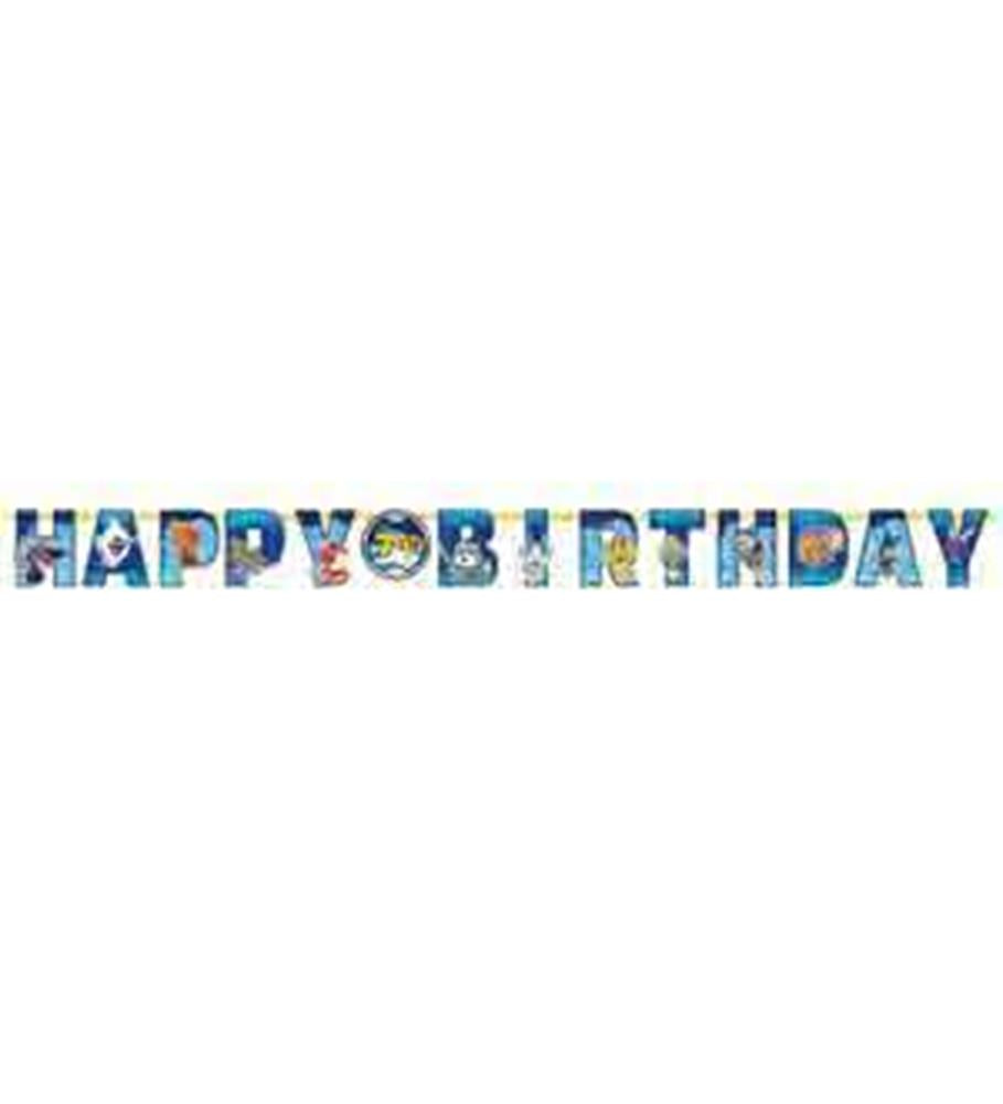 Jumbo letter banner spelling "Happy Birthday" with multicolored Yokai Watch character designs on each letter.