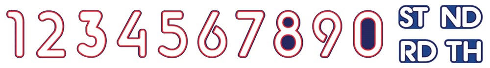 Red and blue outlined numbers 0-9 with PJ Masks superhero icons, plus blue square suffixes with white letters for ordinal.