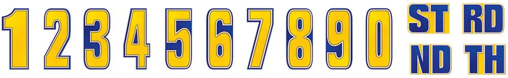 Yellow and blue adhesive number stickers 0-9 with ordinal suffixes ST, RD, ND, TH for birthday banners.