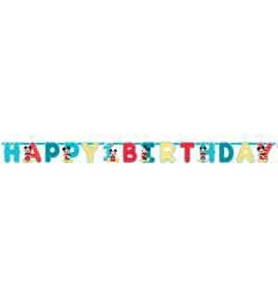 Colorful "Happy Birthday" banner with Mickey Mouse-themed letters and festive star accents.
