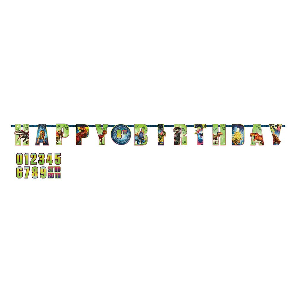Happy Birthday banner with colorful dinosaur-themed letters featuring vivid jungle backgrounds and green foliage accents.