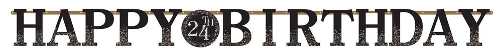 Black and gold jumbo letter banner spelling "Happy 24 Birthday" with round "24" emblem.