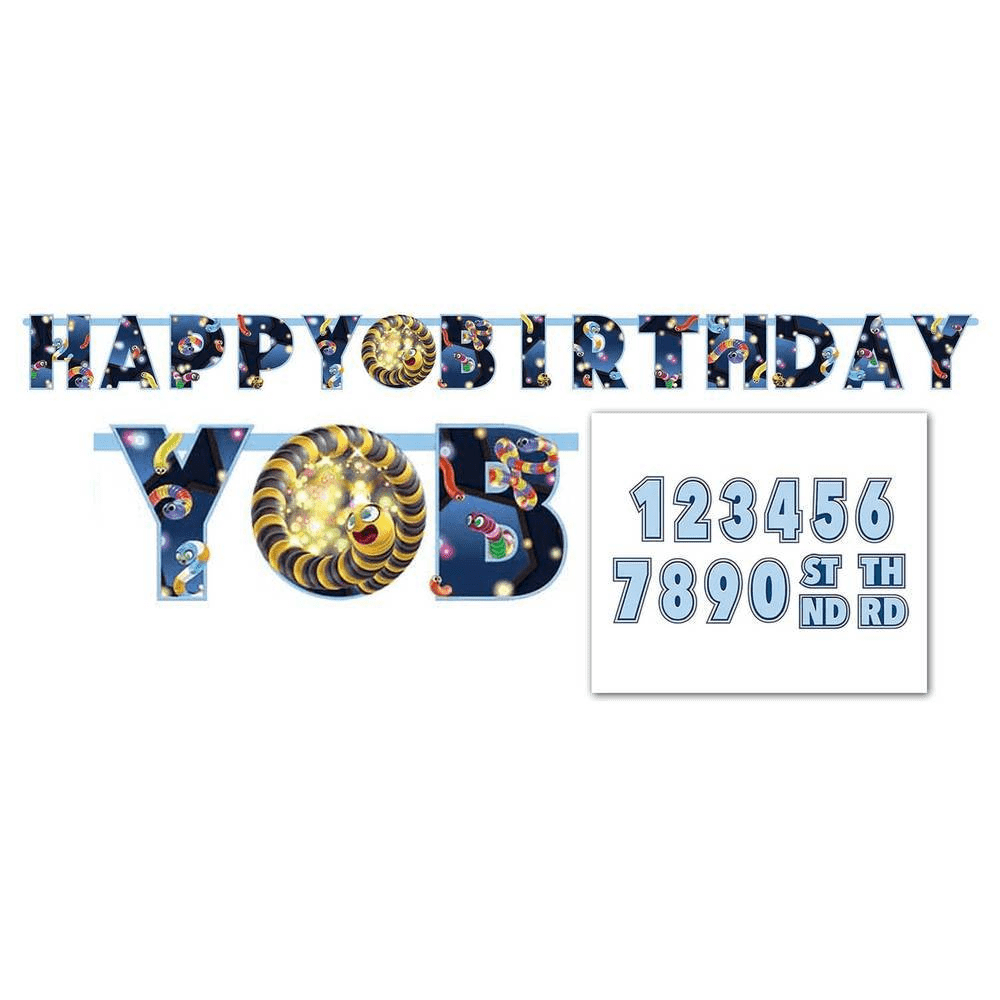 Colorful Slither.io-themed birthday banner with pixelated letters, snakes, and blue age number options.