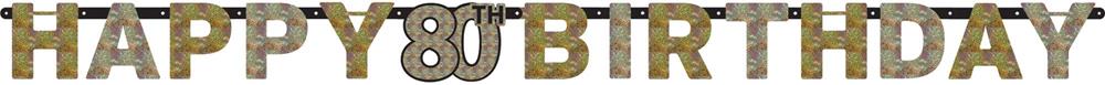 Gold glitter "Happy 80 Birthday" letter banner with bold uppercase letters on a white background.