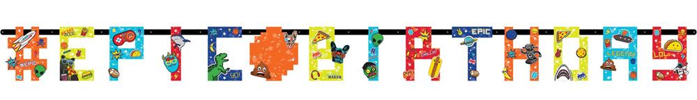 Colorful XL letter banner spelling "EPIC BIRTHDAY" with playful patterns and bright shapes on each letter.