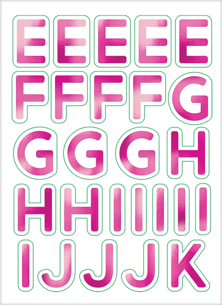 Colorful party pennant banner with letters E, F, G, H, I, J, and K in pink and green colors.