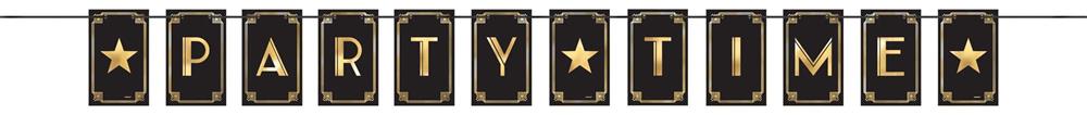 Black rectangular letter banner with gold stars and capital letters spelling "PARTY TIME" in gold.