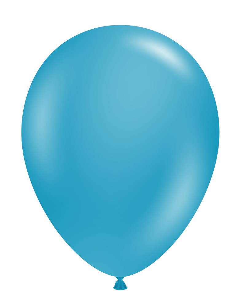 Single light blue latex balloon inflated, smooth surface, classic teardrop shape.