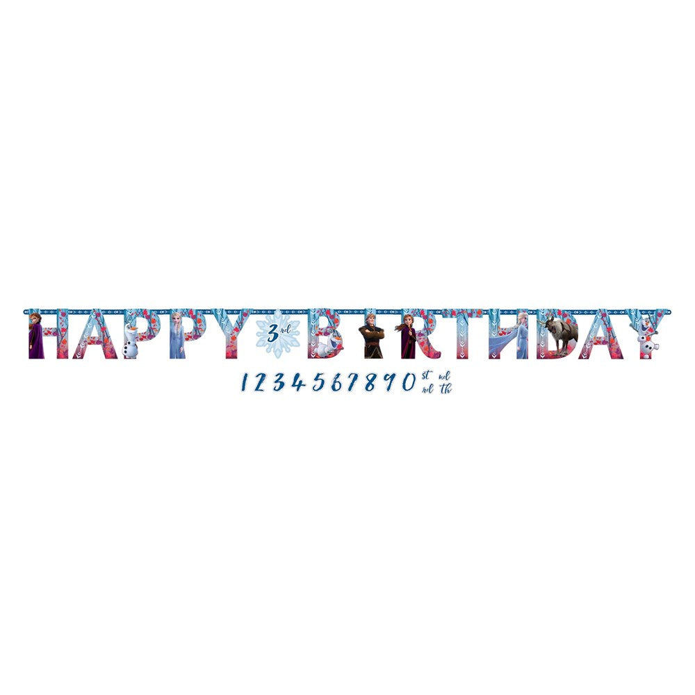 Frozen 2 jumbo letter banner spelling "Happy Birthday" in icy blue and purple with character and snowflake accents and.