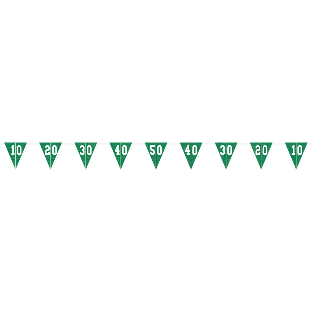 Green triangular pennant banner with white football yard line numbers from 10 to 50.