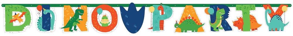 Colorful jumbo letter banner spelling "DINO PARTY" with dinosaur-themed letters in bright colors.