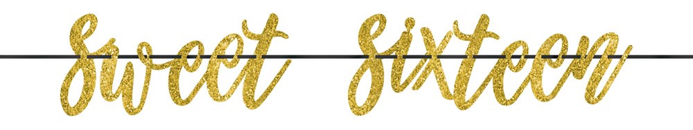 Gold cursive letter banner spelling "sweet sixteen" on a string for party decoration.