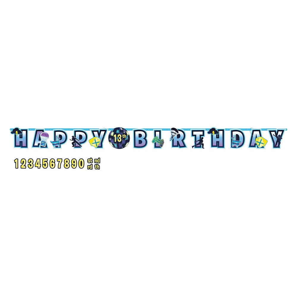 Colorful superhero-themed birthday banner with bold letters, number options 0-9, and symbols in blue, yellow, and green.